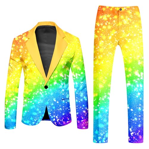 RUMAOZIA Anzug Herren 2 Teilig Sets Disco Outfit Glitzer Sakko Jacke und Hose Regenbogen Druck Anzüge für Discokugel Party Karneval Kustüm Hochzeit Mottoparty Disco-Anzug 80er Jahre Outfit von RUMAOZIA