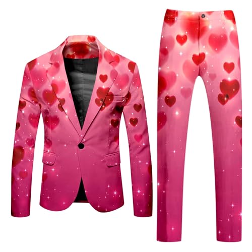 RUMAOZIA Anzug Herren Valentinstag Anzüge Smoking Herrenanzug Herz/Love Druck Blazer Jacke mit Hose Slim Fit Suits Party Suits Kostüm Valentinstag Blazer 2 Teilige Bedruckte Anzug für Männer von RUMAOZIA