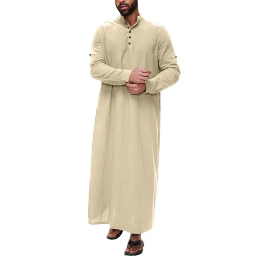 Arabische Kleidung Herren Muslim Kaftan Abaya Herren Langarm Mittlerer Osten Saudi-arabische Bademäntel Kleider Gebetskleidung für Männer Baumwolle Leinen Kleider Ethno Muslim Thobe von RUMAOZIA