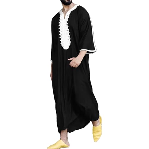 RUMAOZIA Arabische Kleidung Herren Muslimische Kleider Bestickter Kaftan Jalabiya Abaya Herren Langarm Thobe Islam Freizeitkleidung Naher Osten Dubai Robe Retro Tuniken Ramadan Kleidung von RUMAOZIA