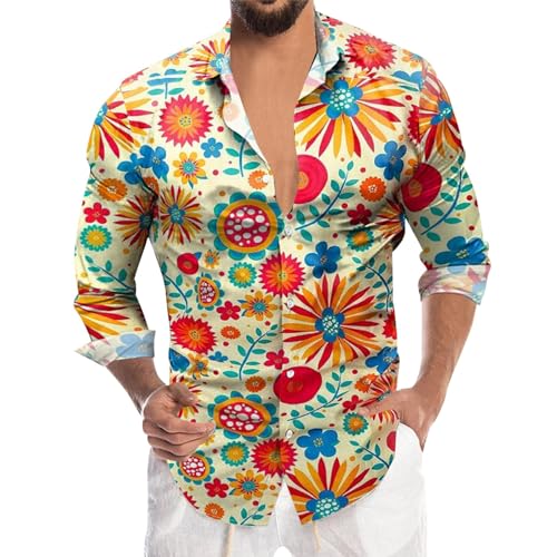 RUMAOZIA Buntes Hemd Herren Langarm Hippies 70er Floral Hemd Regenbogen Retro Blumen Hawaii Männer Freizeithemd Funky Hawaiihemd Party Street Hemden Paisley Floral Vintage Hemden Hawaiihemd von RUMAOZIA