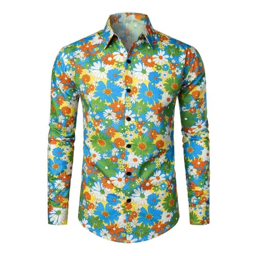 RUMAOZIA Buntes Hemd Herren Langarm Hippies 70er Floral Hemd Regenbogen Retro Blumen Hawaii Männer Freizeithemd Funky Hawaiihemd Party Street Hemden Paisley Floral Vintage Hemden Hawaiihemd von RUMAOZIA