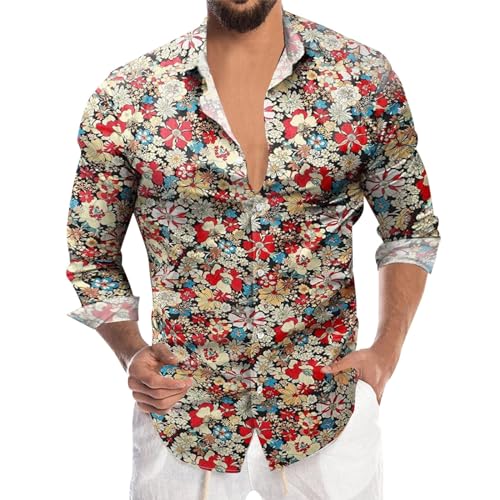 RUMAOZIA Buntes Hemd Herren Langarm Hippies 70er Floral Hemd Regenbogen Retro Blumen Hawaii Männer Freizeithemd Funky Hawaiihemd Party Street Hemden Paisley Floral Vintage Hemden Hawaiihemd von RUMAOZIA