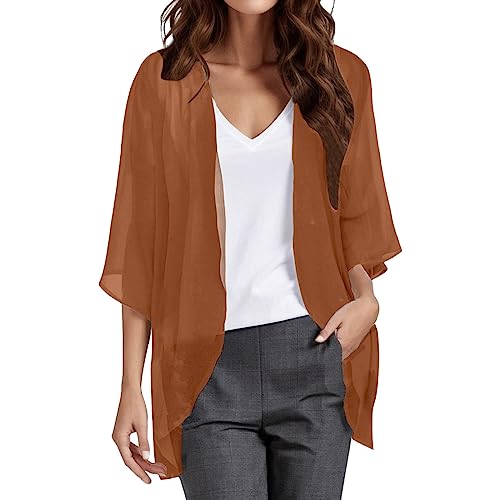 RUMAOZIA Damen Chiffon Cardigan Leicht Sommer Offene Front Bolero Lang Strand 3/4 Arm Strickjacke Beachwear Bikini Cover up Einfarbige Sommerjacke Strand Bluse Oberteil Tops Jacke für Sommer von RUMAOZIA