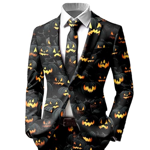 RUMAOZIA Halloween Anzug Herren Kürbis Farbblock Outfits Schmale Passform Inklusive Anzugjacke Blazer 3D Pumpkin Druck Set Party Lustige Abschlussball Anzüge für Karneval und Mottopartys von RUMAOZIA