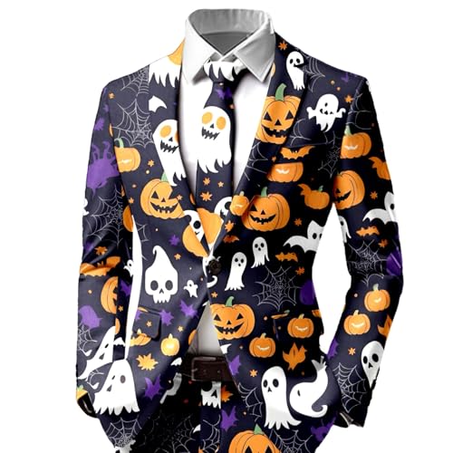 RUMAOZIA Halloween Anzug Herren Kürbis Farbblock Outfits Schmale Passform Inklusive Anzugjacke Blazer 3D Pumpkin Druck Set Party Lustige Abschlussball Anzüge für Karneval und Mottopartys von RUMAOZIA