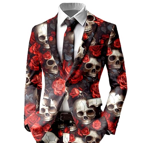 RUMAOZIA Halloween Kostüm Herren Slim Fit Freizeitanzug EIN-Knopf Langarm Mantel mit Totenkopf Rose Blutig Bedruckt Freizeit Elegant Anzugjacke Entsetzen Blazer Festival Sakko Jacken Herrenjacke von RUMAOZIA