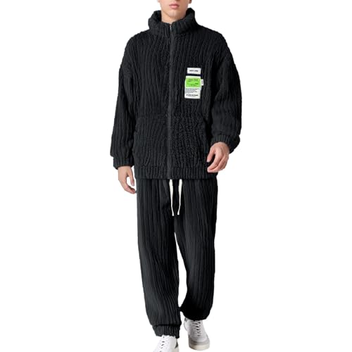 RUMAOZIA Hausanzug Herren Winter Warm Flauschig Jogginganzug Herren Plüschhose Fleece Kuschelig Freizeitanzug Warm Schlafanzug Flanell-Kuschelanzug Bequem 2 Teilig Teddy-Fleece Trainingsanzug von RUMAOZIA