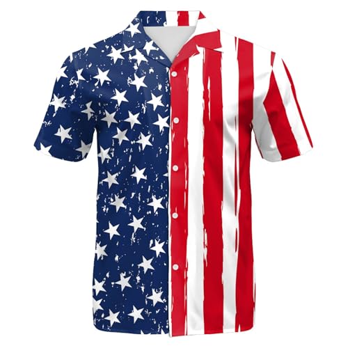 RUMAOZIA Hemd Herren Amerikanische Flagge Bedruckte Hemd Kurzarm Button Down Hawaii Hemden Lässig Leichtes Strandhemd Retro Flagge Hemden USA Flagge Freizeithemd Sommer Patriotische Button Tops von RUMAOZIA