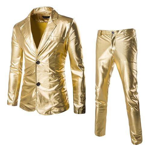RUMAOZIA Herren 2-Teiliger Glänzender Anzug Disco Jacken Und Hose Set 70er 80er Glänzende Jacke und Hose Suits Karneval Kustüm Night Club Metallic Moto Style Blazer 2 Knopf Smoking Party Anzüge von RUMAOZIA