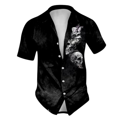 RUMAOZIA Herren Halloween-Hemd Totenkopf Druck Freizeithemden Weich und atmungsaktiv Shirts Regular Fit Langarm Herrenhemden Freizeithemd Regular Fit Hemd Kurzarmshirt Männer Basic Rever Hemd von RUMAOZIA