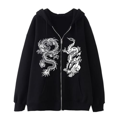 RUMAOZIA Herren Kapuzenpullover Sweatjacke Casual Kapuzenjacke mit Drachen-Muster Pullover Langarm Y2K Hoodie mit Dragon Print Zip Oversized Sweatshirt Lockere Männer Hoody Kapuzenpulli von RUMAOZIA