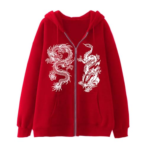 RUMAOZIA Herren Kapuzenpullover Sweatjacke Casual Kapuzenjacke mit Dragon Print Zip Oversized Sweatshirt mit Drachen-Muster Pullover Langarm Y2K Hoodie Lockere Männer Hoody Kapuzenpulli von RUMAOZIA
