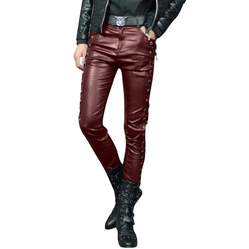 RUMAOZIA Herren Lederjeans Wetlook Hose Retro Lange PU Lederhose Stretch Pants Bequeme Winddicht bikerjeans einfarbig weich Basic Kunstlederhosen Slim Fit Disco Kostüm Männer Glanz Clubwear von RUMAOZIA