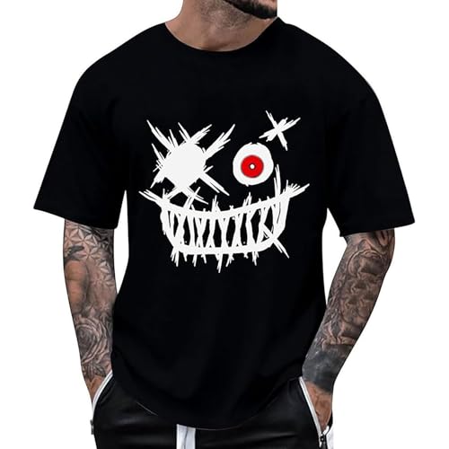 RUMAOZIA Herren Oversized T-Shirt Smiling Face Smile Trend Print Aufdruck Retro Tops Vintage Streetwear Sport Casual T-Shirt Männer Schwarz Gym Oberteil Sommer Kurzarm T Shirts Streetwear von RUMAOZIA