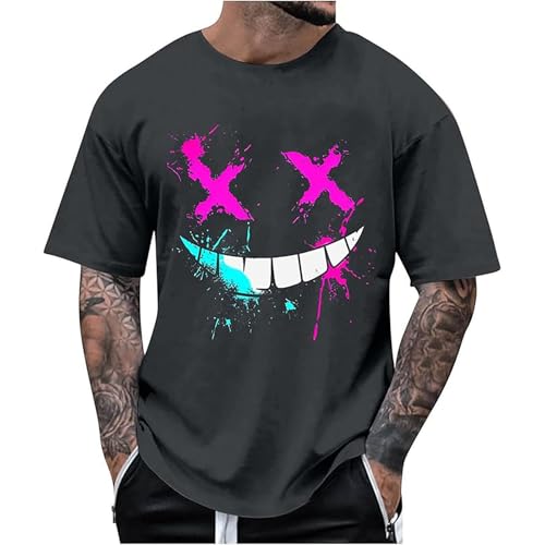 RUMAOZIA Herren Oversized T-Shirt Smiling Face Smile Trend Print Aufdruck Retro Tops Vintage Streetwear Sport Casual T-Shirt Männer Schwarz Gym Oberteil Sommer Kurzarm T Shirts Streetwear von RUMAOZIA