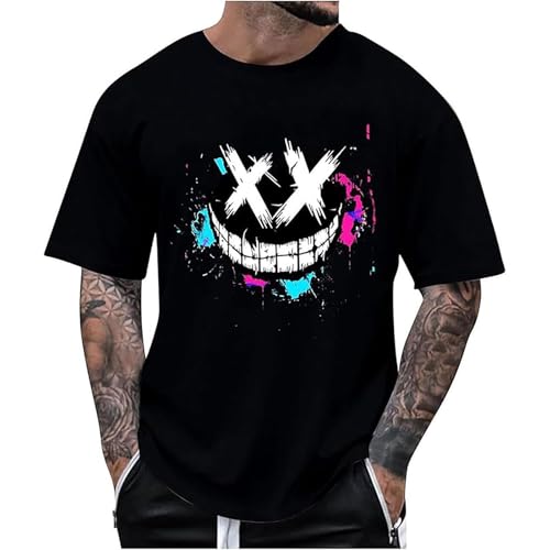 RUMAOZIA Herren Oversized T-Shirt Smiling Face Smile Trend Print Aufdruck Retro Tops Vintage Streetwear Sport Casual T-Shirt Männer Schwarz Gym Oberteil Sommer Kurzarm T Shirts Streetwear von RUMAOZIA