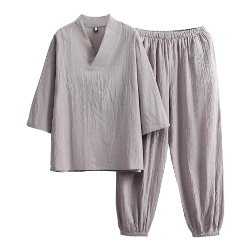RUMAOZIA Herren Schlafanzug Lang Leinen Anzug Herren Sommer Leicht Kurz Sommerhemd Set Leinenhemd Oversize Kurzarmhemd Strand Zweiteiler Leinen Outfits Freizeitanzug von RUMAOZIA