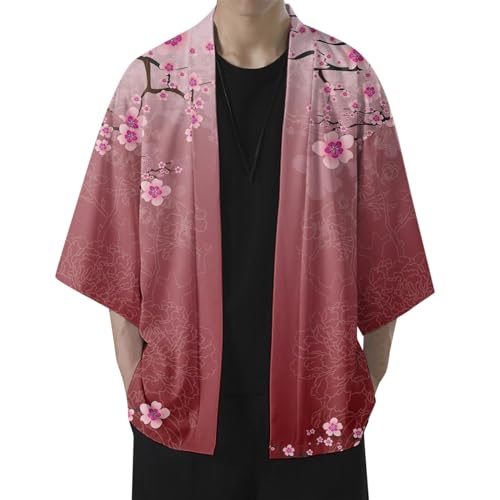 RUMAOZIA Herren Sommer Kimono Cardigan – Traditionelle Japanische Kleidung Haori Kostüm Taoistische Robe Langarm Jacke Sakura Print Hemdjacke Nachthemd Bademantel Nachtwäsche für Männer von RUMAOZIA