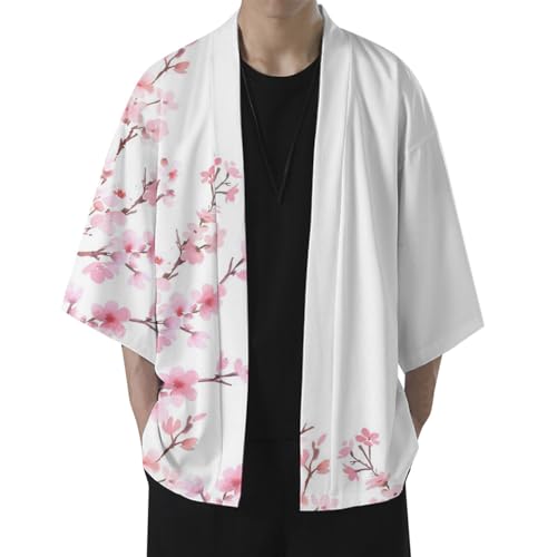 RUMAOZIA Herren Sommer Kimono Cardigan – Traditionelle Japanische Kleidung Haori Kostüm Taoistische Robe Langarm Jacke Sakura Print Hemdjacke Nachthemd Bademantel Nachtwäsche für Männer von RUMAOZIA