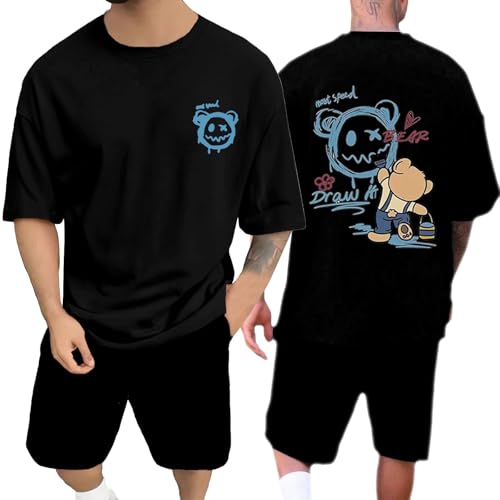 RUMAOZIA Herren Sommer T-Shirt und Shorts Set 2 Teiliges Sommer Outfit mit Bärenprint Backprint Oversized Sport Kleidung Zweiteiler Trainingsanzug Jogginganzug Kurzarm Y2K Hip Hop Loungewear von RUMAOZIA