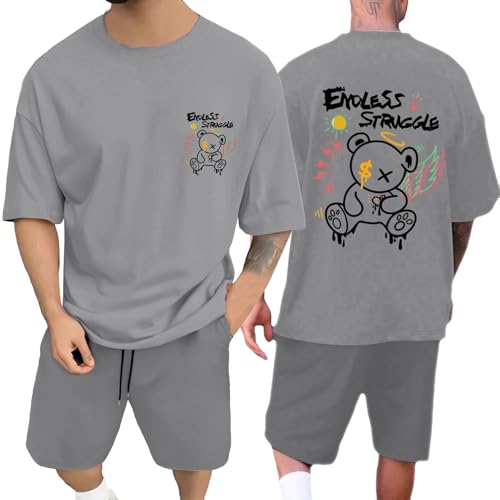 RUMAOZIA Herren Sommer T-Shirt und Shorts Set 2 Teiliges Sommer Outfit mit Bärenprint Backprint Oversized Sport Kleidung Zweiteiler Trainingsanzug Jogginganzug Kurzarm Y2K Hip Hop Loungewear von RUMAOZIA
