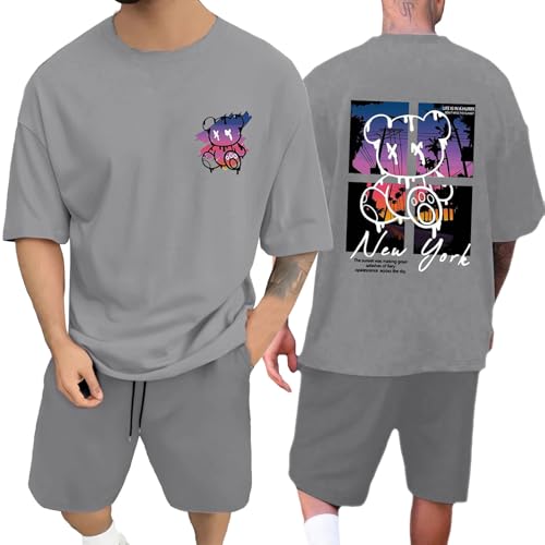 RUMAOZIA Herren Sommer T-Shirt und Shorts Set 2 Teiliges Sommer Outfit mit Bärenprint Backprint Oversized Sport Kleidung Zweiteiler Trainingsanzug Jogginganzug Kurzarm Y2K Hip Hop Loungewear von RUMAOZIA