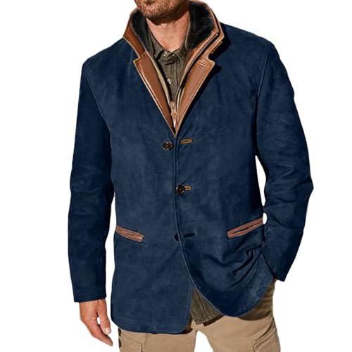 RUMAOZIA Herren Vintage Jacke Arbeitskleidung Männer Vintage Anzugjacke mit Zwei Knopf Casual Jacket Retro Blazer aus Wildleder Doppellagig Revers Pelz Lederkragen Mittellang Mantel von RUMAOZIA