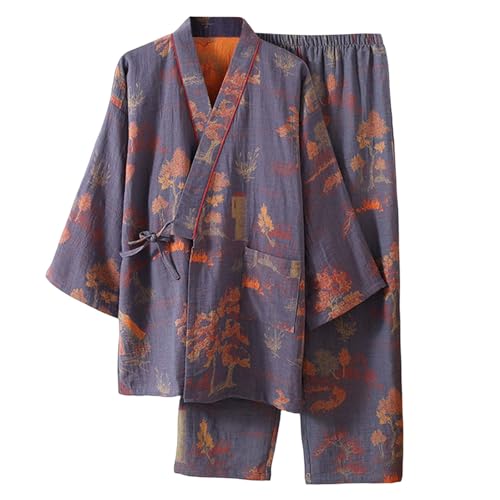 RUMAOZIA Japanischer Kimono Herren Baumwolle Pyjama mit Jacquard in Übergröße Kurzärmliges Oberteil und Hose Loose Casual Sommer Nachtwäsche Pyjamas Set Weich Kuschelig Hausanzug Freizeitanzug von RUMAOZIA