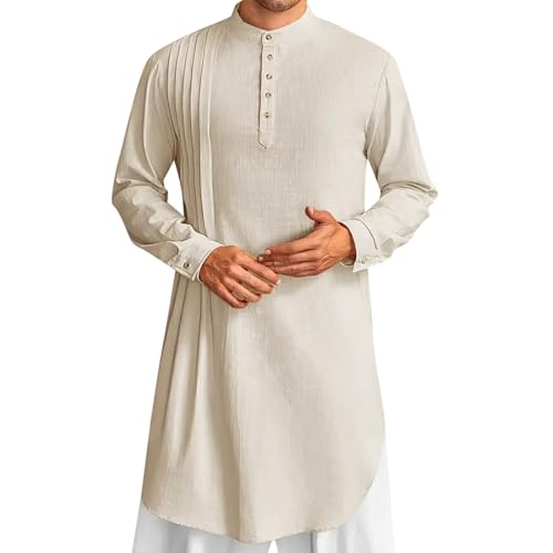 RUMAOZIA Kaftan Herren Baumwolle Leinen Robe Muslimische Kleider Herren Langarm Hemd Stehkragen Leinenhemd Lässige Strandhemd Afghanische Arabische Kleidung mit Knöpfen Ramadan Freizeithemd von RUMAOZIA