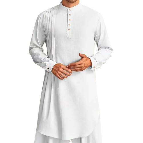 RUMAOZIA Kaftan Herren Baumwolle Leinen Robe Muslimische Kleider Herren Langarm Hemd Stehkragen Leinenhemd Lässige Strandhemd Afghanische Arabische Kleidung mit Knöpfen Ramadan Freizeithemd von RUMAOZIA