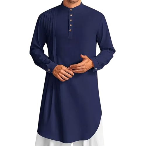 RUMAOZIA Kaftan Herren Baumwolle Leinen Robe Muslimische Kleider Herren Langarm Hemd Stehkragen Leinenhemd Lässige Strandhemd Afghanische Arabische Kleidung mit Knöpfen Ramadan Freizeithemd von RUMAOZIA