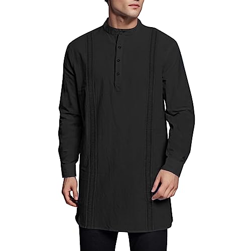 RUMAOZIA Kaftan Herren Baumwolle Leinen Robe Muslimische Kleider Herren Langarm Hemd Stehkragen Leinenhemd Lässige Strandhemd Afghanische Arabische Kleidung mit Knöpfen Ramadan Freizeithemd von RUMAOZIA