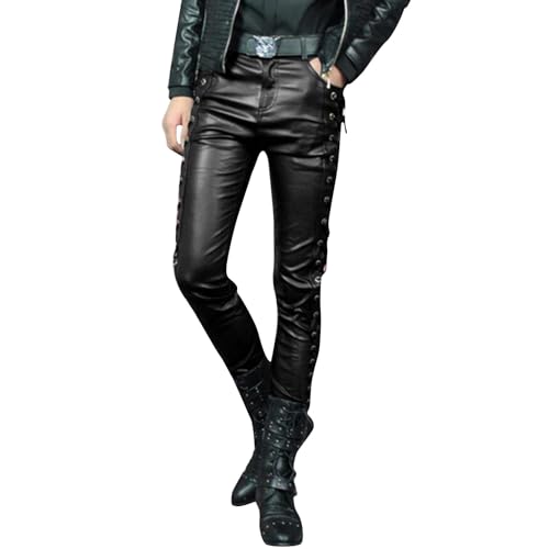 RUMAOZIA Kunstlederhose Herren Schwarz Lederhose mit Riemchen Gothic Hose Herren Bikerjeans PU Leder Bikerhose wasserdichte Lederhose Weich und Atmungsaktiv Lederimitat Hose von RUMAOZIA