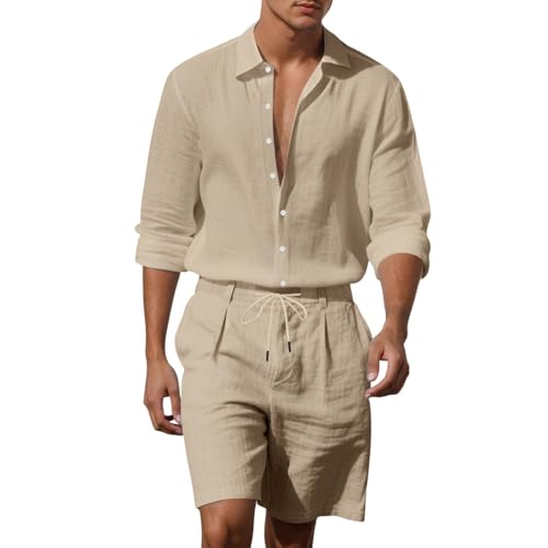 RUMAOZIA Leinen Anzug Herren Sommeranzug Herren Leicht Strand Outfit Sommer Kurz Sommerhemd Set Leinenhemd Oversize Kurzarmhemd Strand Zweiteiler Leinen Freizeitanzug Sommer Outfit von RUMAOZIA