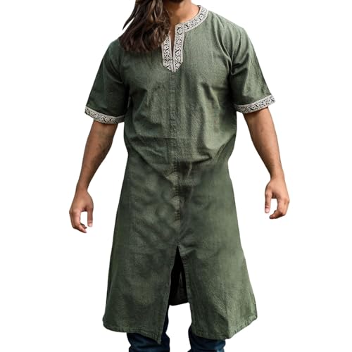 Leinen Tunika Herren Mittelalter Kleidung Herren Wikinger Leinenhemd Karneval Wikinger Tunika Kurzarm V-Kragen Saum Gewand Retro Ritter Kostüm Cospaly Baumwolle Mittelalter Gewandung von RUMAOZIA