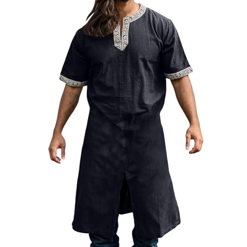 RUMAOZIA Leinen Tunika Herren Mittelalter Kleidung Herren Wikinger Leinenhemd Karneval Wikinger Tunika Kurzarm V-Kragen Saum Gewand Retro Ritter Kostüm Cospaly Baumwolle Mittelalter Gewandung von RUMAOZIA