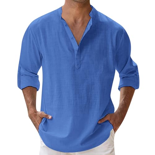 RUMAOZIA Leinenhemd Herren Hemd Kurzarm/Langarm Baumwolle Linen Henley Shirt Freizeithemden Sommer Musselin Hemden Slim Fit Leichtes Sommerhemd Lässiges Strandshirt Men's Tshirts von RUMAOZIA