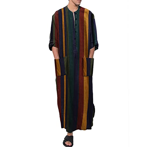RUMAOZIA Muslimische Kleider Herren Gebetskleidung für Männer Muslim Kaftan Abaya Herren Elegante Lang Kleide Arabische Seite Split Thobe Langarm Button Down Gestreifte Kaftan Gewand Shirt Robe von RUMAOZIA