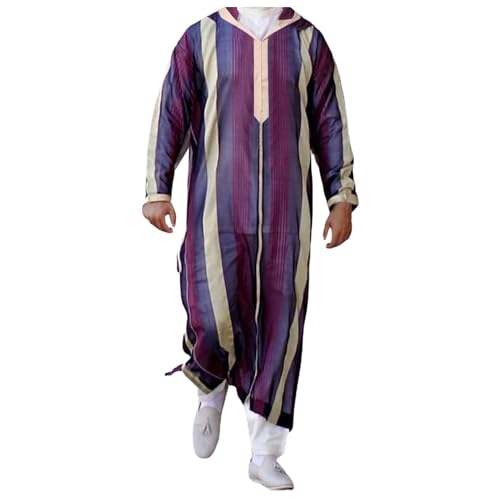 RUMAOZIA Musselin Hemd Herren Langarm Islam Blau Gebetskleidung Für Männer Mit Kapuze Arabische Kleidung Streifen Muslim Kaftan Naher Osten Dubai Maxi Abaya Roben Crew Neck Langarm Lose Thobe von RUMAOZIA
