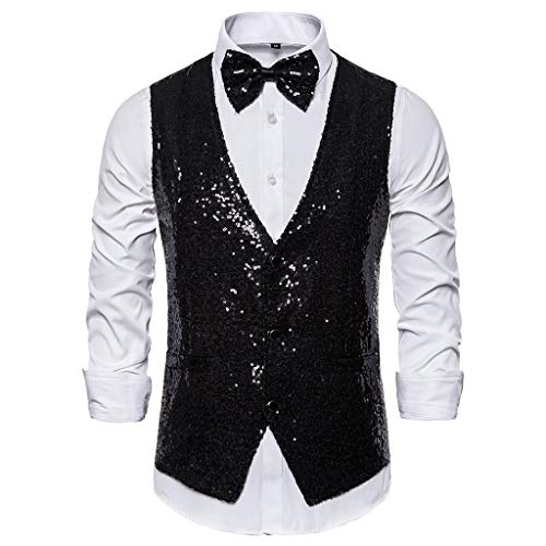 RUMAOZIA Pailletten Weste Herren Glänzend Weste 3 Button Down Pailletten Anzug Weste Glänzend V Ausschnitt Weste mit Fliege Slim Fit Glitzer Weste Party Kleid Anzug Stylische Weste von RUMAOZIA