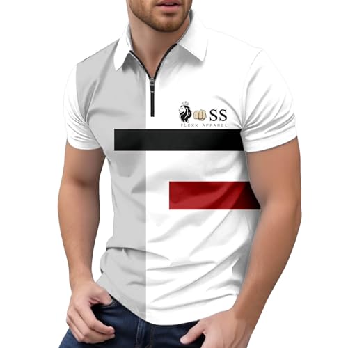 RUMAOZIA Poloshirt Herren Kurzarm Golf Shirt Gestreiftes Polohemd Sommer Atmungsaktiv T-Shirt Slim Fit Arbeitsshirt mit Reissverschluss Bequemes Oberteile Teenager Wandershirt Mode Freizeithemd von RUMAOZIA