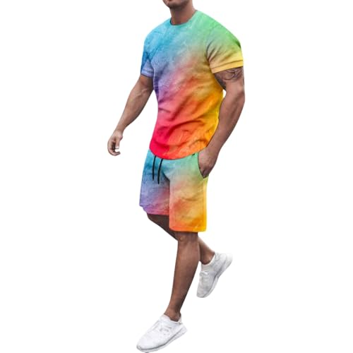 RUMAOZIA Pride Outfit Herren LGBTQ Regenbogen Anzug mit Regenbogen Tshirt und Shorts CSD Party Jogginganzug Rainbow Flagge Trainingsanzug Neon Bunt Sommer Festival Outfits Fitness Tracksuit von RUMAOZIA