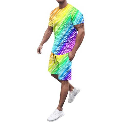RUMAOZIA Pride Outfit Herren LGBTQ Regenbogen Anzug mit Regenbogen Tshirt und Shorts CSD Party Jogginganzug Rainbow Flagge Trainingsanzug Neon Bunt Sommer Festival Outfits Fitness Tracksuit von RUMAOZIA
