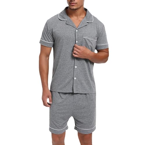RUMAOZIA Schlafanzug Herren Kurz Sommer Pyjama Set Baumwolle Kurzarm 2-Teiliges Lounge Sets mit Knopfleiste Nachtwäsche Hausanzug Zweiteiliger Sleepwear mit Knöpfen und Taschen Loungewear von RUMAOZIA