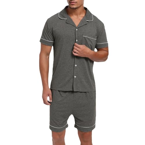 RUMAOZIA Schlafanzug Herren Kurz Sommer Pyjama Set Baumwolle Kurzarm 2-Teiliges Lounge Sets mit Knopfleiste Nachtwäsche Hausanzug Zweiteiliger Sleepwear mit Knöpfen und Taschen Loungewear von RUMAOZIA
