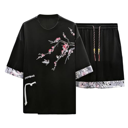 RUMAOZIA Sommer Outfit Herren 2 Stück Chinesische Traditionelle Kleidung Hip Hop Streetwear Hawaii Strand Urlaub Rundhals T-Shirt und Kurze Hose Set Activewear Freizeitanzug Jogginganzug von RUMAOZIA