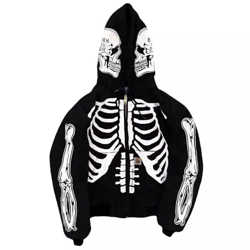 RUMAOZIA Totenkopf Aufdruck Kapuzenjacke Herren Y2K Zip Up Hoodies Jacke Skelett Kapuzen Sweatjacke Vintage Gothic Locker Sportjacke Outwear 90er Retro Herbst Winter Reißverschluss Sweatshirt von RUMAOZIA