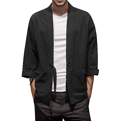 RUMAOZIA Übergangsjacke Herren Klassisch Japan Kimono Haori Jacke Mäntel Langarm Stickerei Cardigan Herren Happi Jacke 3/4 Ärmel Retro Hanbok Tang Anzug dünne Strickjacke Herbst Outdoorjacke von RUMAOZIA