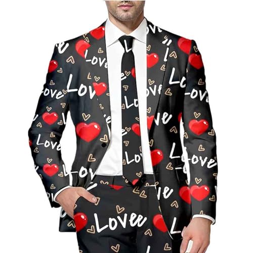 RUMAOZIA Valentinstag Anzug Herren Slim Fit Anzugjacke mit Herz-Print Abendessen Jacke Elegante Hochzeits-Smokingjacke Schwarz Rot Smoking Herrenanzug Party Suits Abschlussball Party Blazer von RUMAOZIA